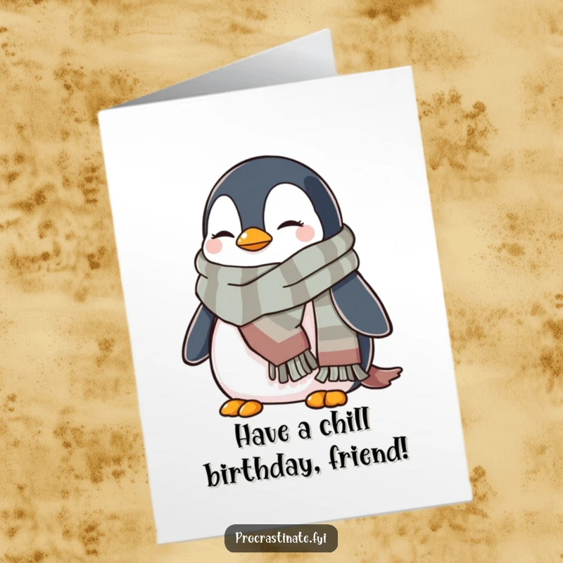 Funny Free Printable Birthday Card: A relaxed penguin bundled in a warm scarf, looking utterly content and chill.