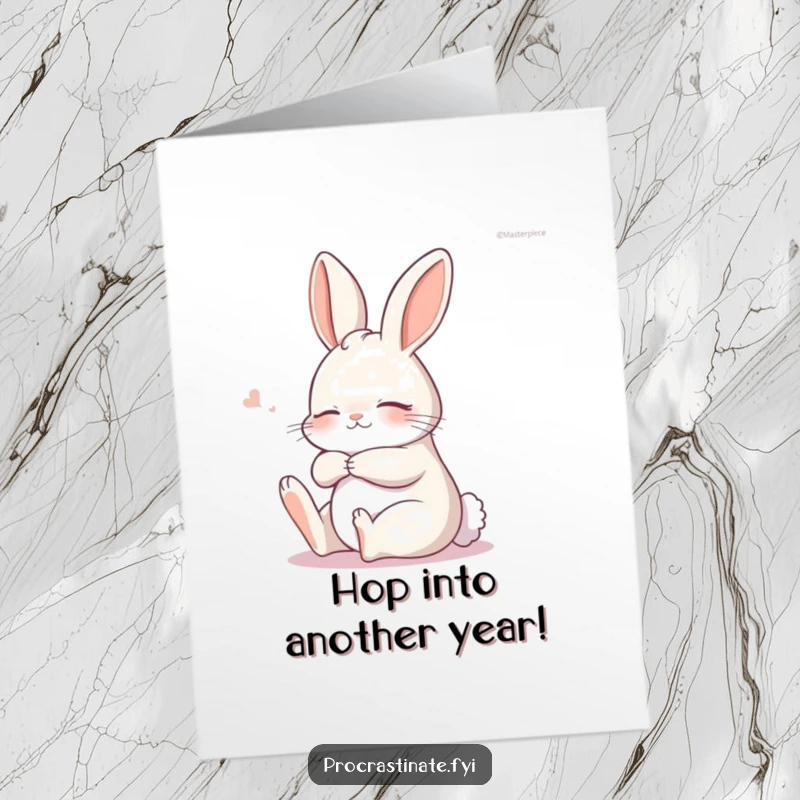 Funny free printable birthday card featuring a relaxed bunny doing a gentle stretch while still sleepy, wishing happy birthday.