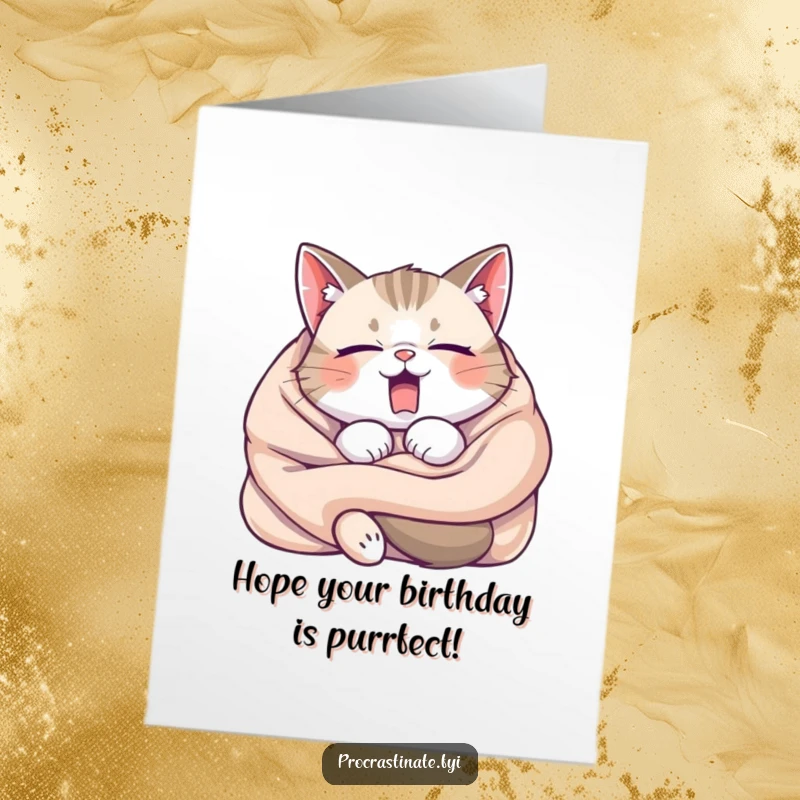 Funny Free Printable sleepy cat tangled in a blanket, yawning widely, perfect for a birthday.