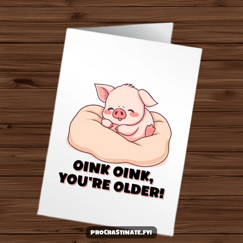 Funny Free Printable Birthday Card: Joyful piglet gleefully rolling and playing in a mountain of soft, cozy blankets.