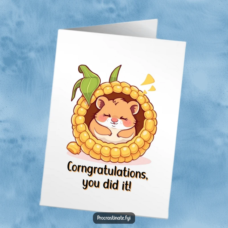 Funny free printable congratulations card featuring a happy hamster dreaming in a giant corn cob, perfect for celebrating milestones with humor.
