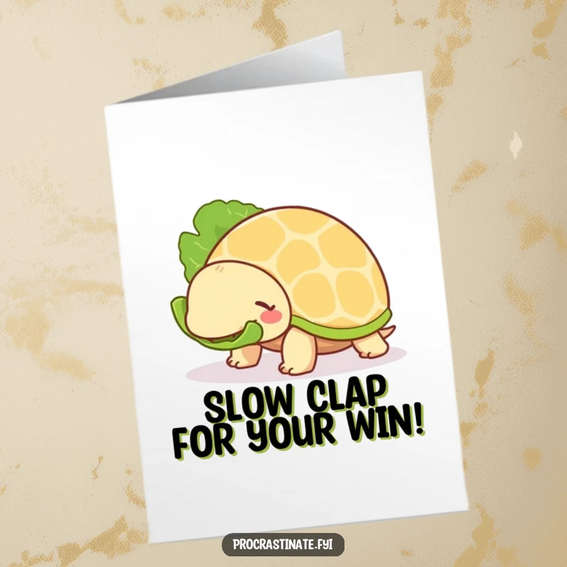 Funny Free Printable Congratulations Card showing a chill turtle enjoying a lettuce leaf, celebrating achievements slowly but surely.