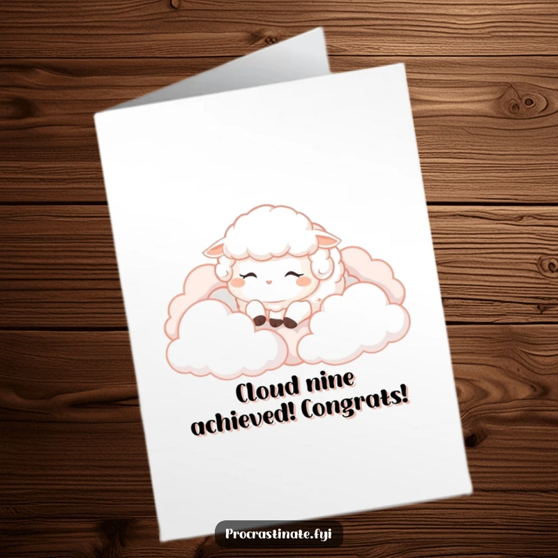 Funny Free Printable Congratulations Card with a content fluffy sheep resting among dreamy clouds, celebrating achievements.