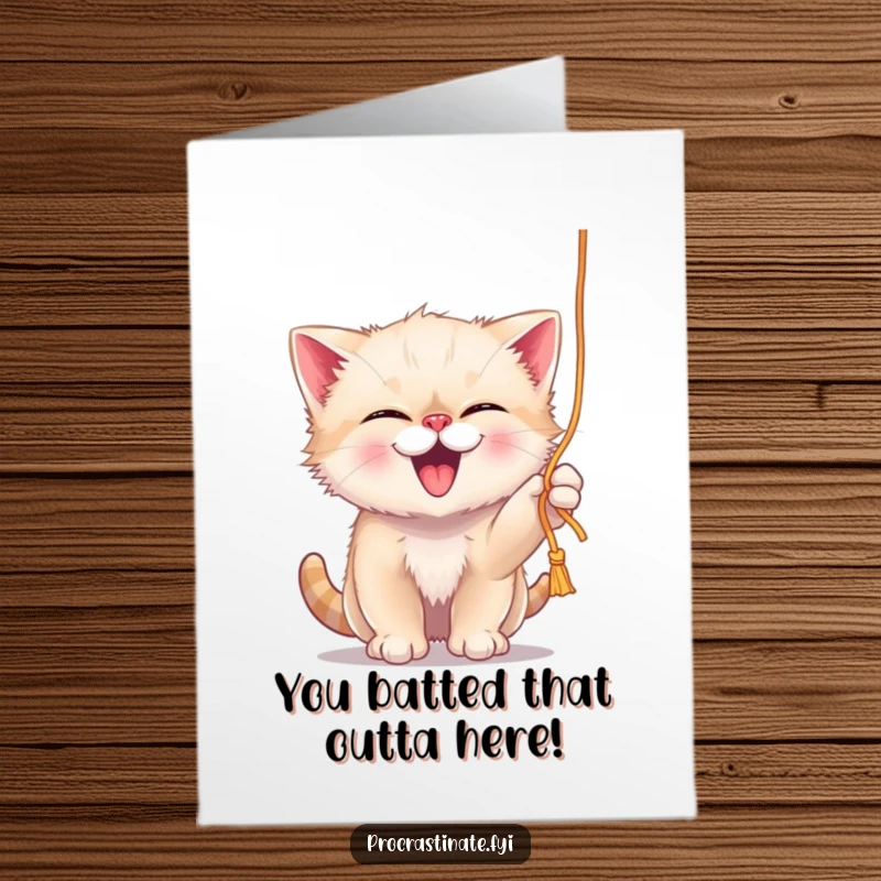 Funny Free Printable Congrats Card: A giggling kitten batting playfully at yarn, celebrating success with joy.