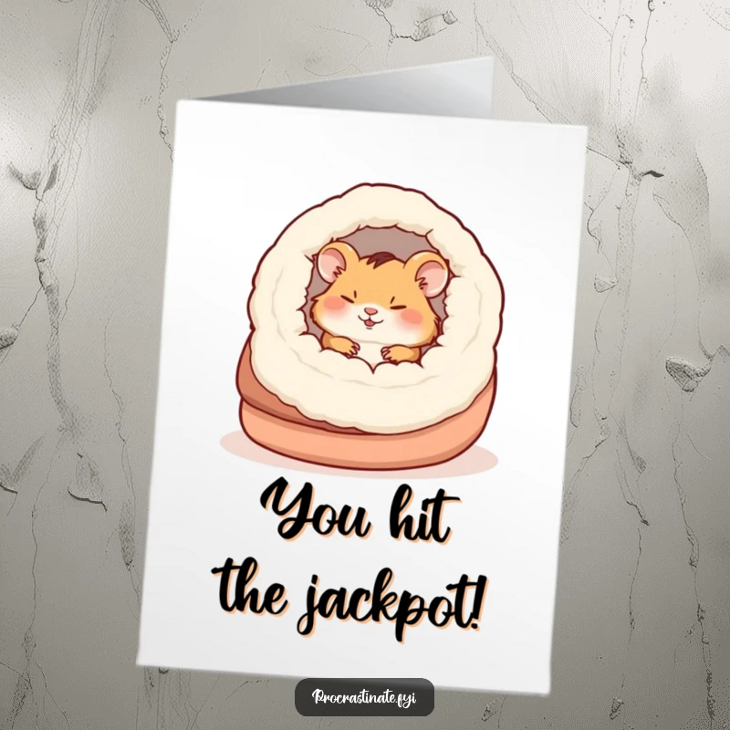 Funny free printable congratulations card showing a happy hamster napping in a giant slipper, perfect for cozy congrats.