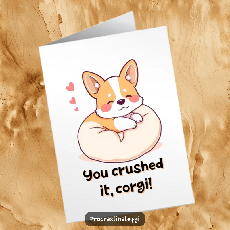 Funny Free Printable Congrats Card: A happy corgi peacefully dreaming on a plush pillow, celebrating achievements.
