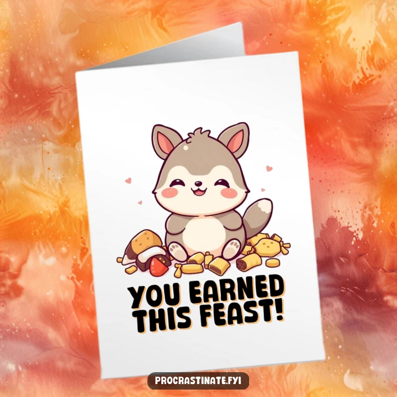 Funny Free Printable Congrats Card: An ecstatic animal sitting amidst a pile of snack remnants, celebrating success.