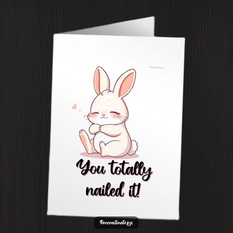 Funny free printable congratulations card of a sleepy bunny doing a gentle stretch, perfect for relaxed congratulations.
