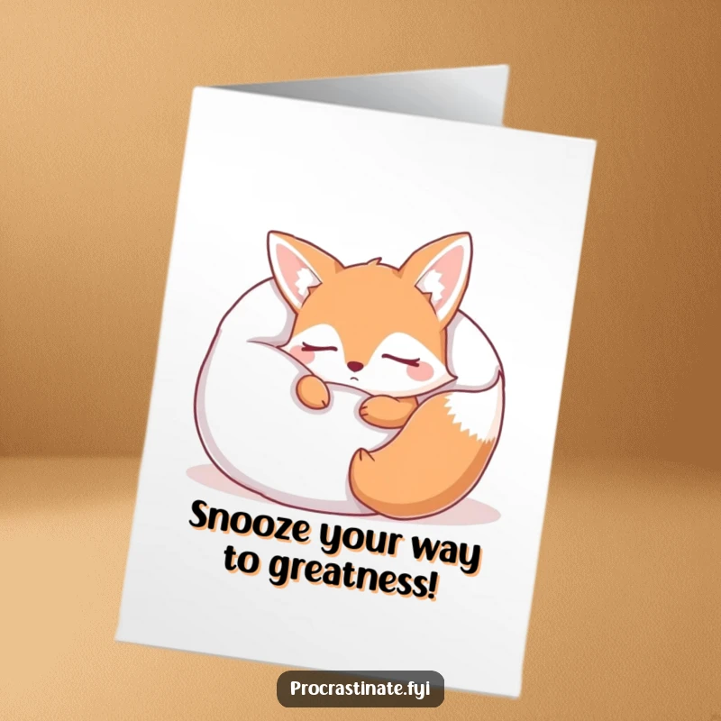 Funny Free Printable Congratulations Card showing a sleepy fox nestled inside a giant pillow, perfect for cozy celebrations and sleepy high-fives.