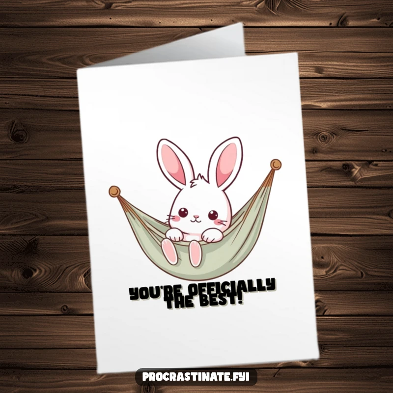 Funny Free Printable Congratulations Card with a kawaii rabbit relaxing in a hammock, sending chill vibes for any achievement.