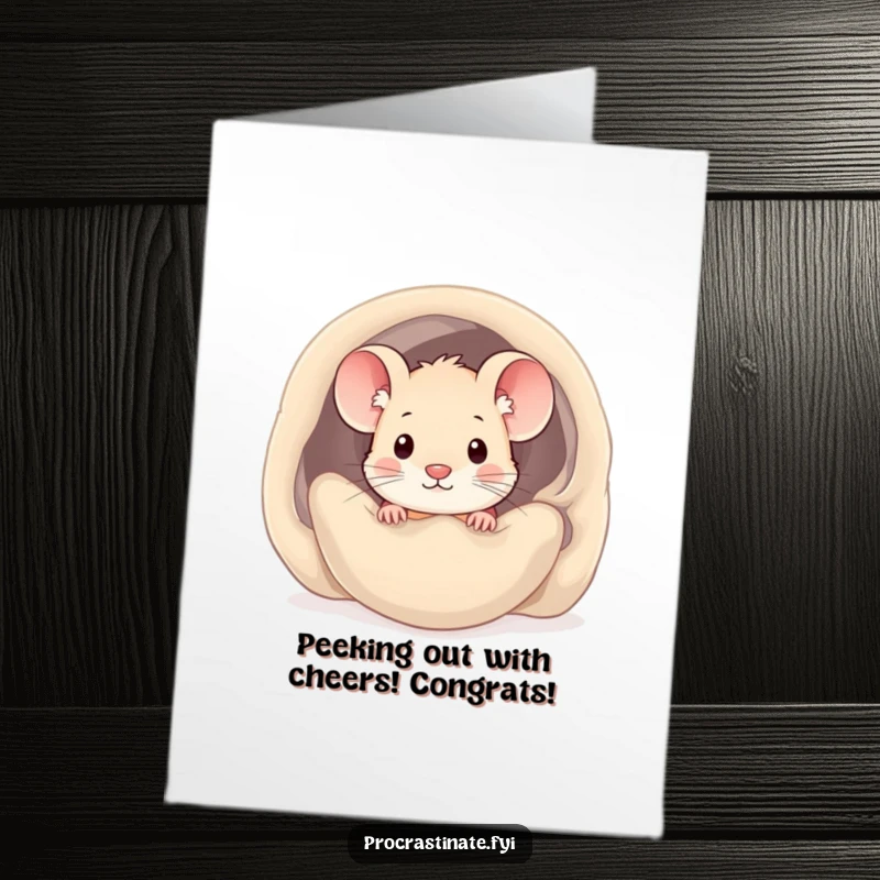 Funny Free Printable Congratulations Card: Adorable kawaii mouse peeking from under a blanket, celebrating a joyous occasion.