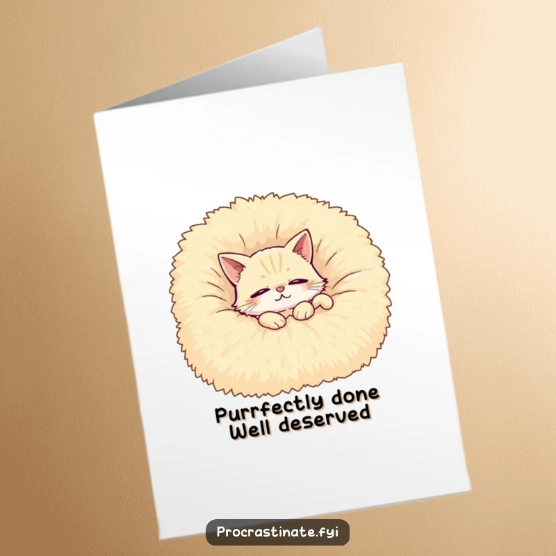 Funny Free Printable Congratulations Card with a relaxed, half-asleep cat on a blanket, signaling a job well done.