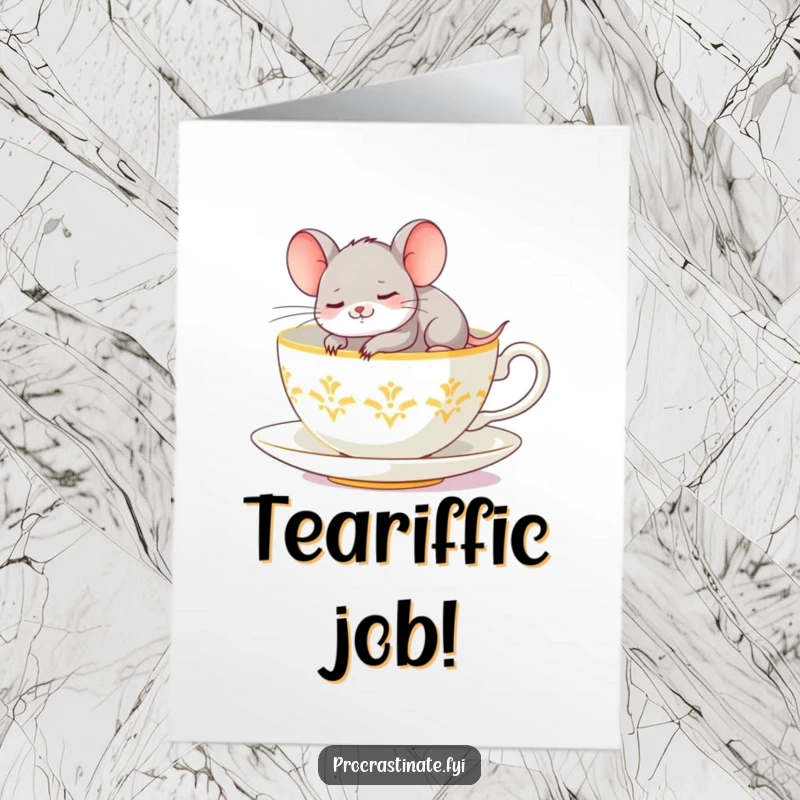Funny Free Printable Mouse Congrats Card: Giggling mouse snoozes on oversized teacup saucer, celebrating success sweetly.