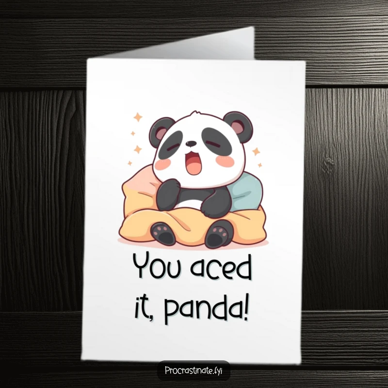 Funny free printable congratulations card showing a sleepy panda yawning, ideal for expressing joy with a touch of humor and relaxation.