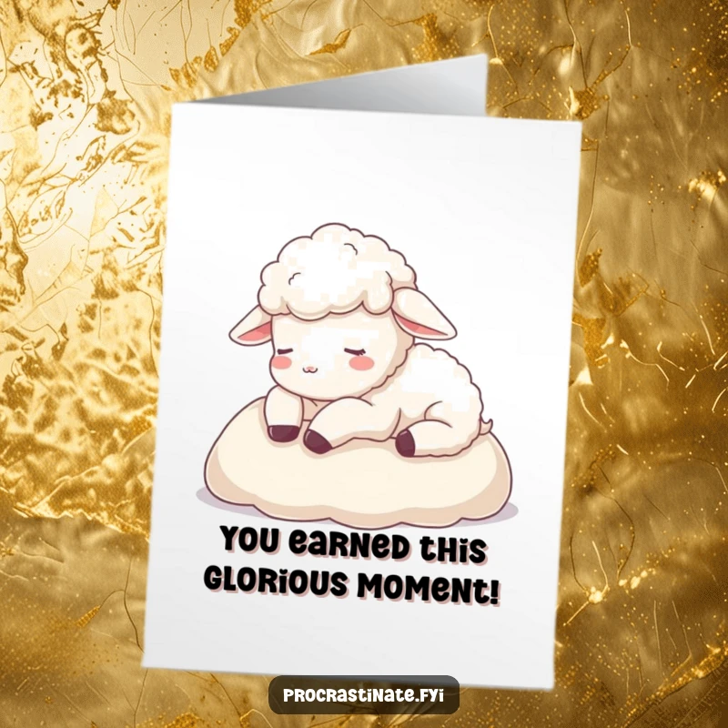 Funny Free Printable Congratulations Card: A serene sheep resting comfortably on a soft blanket, signifying peace and accomplishment.