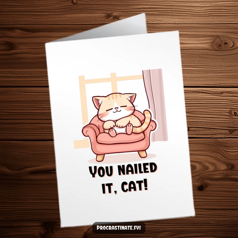 Funny free printable congratulations card: a content cat purrs deeply while napping soundly on a soft chair.