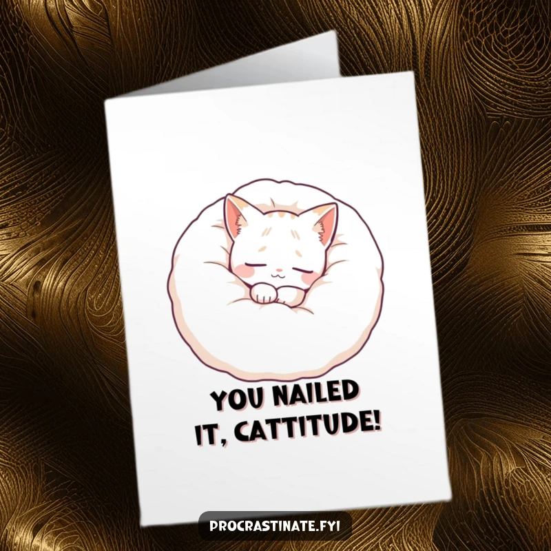 Funny Free Printable Congratulations Card: A content cat character snoozes peacefully in a giant, fluffy pillow, conveying congratulations with ultimate relaxation.