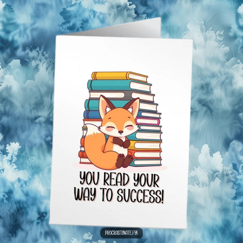 Funny Free Printable Congratulations Card: A happy fox rests by a towering stack of books, celebrating your brilliant success with glee.