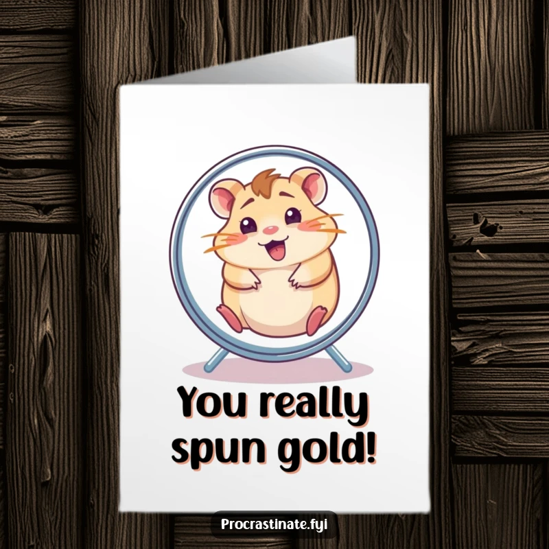 Funny Free Printable Congratulations Card: Dazed hamster in a wheel, humorously celebrating success with energetic confusion