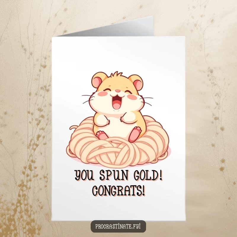 Funny free printable congratulations card: a happy hamster giggles while playing in a heap of soft yarn.