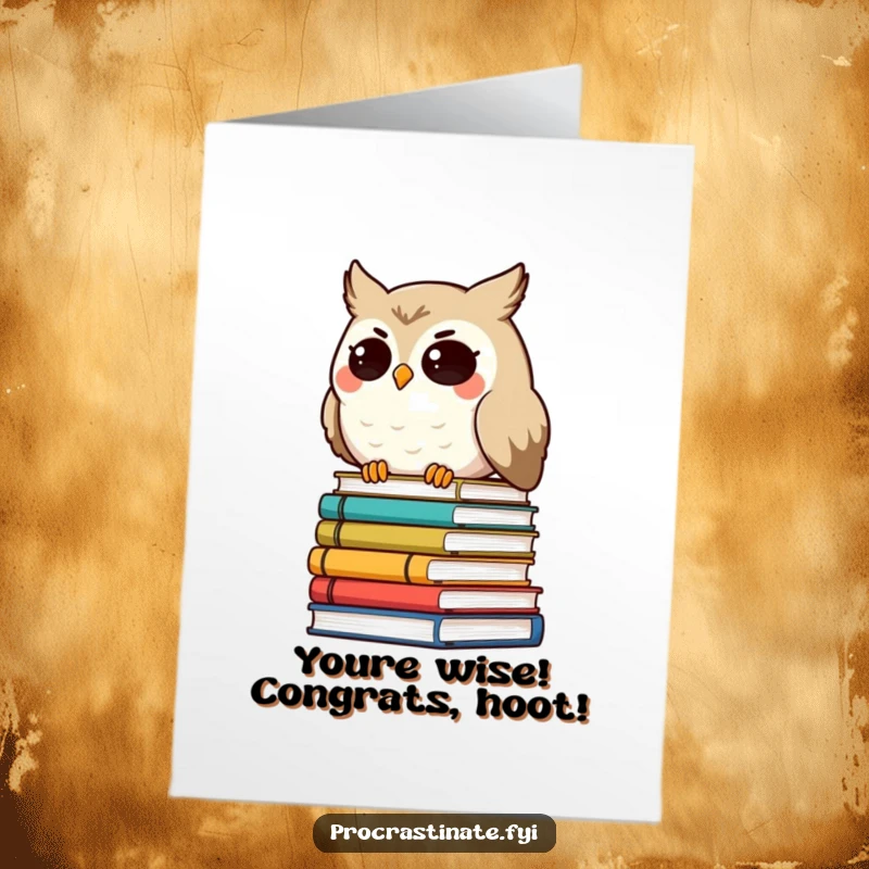 Funny free printable congratulations card: a smiling owl with tired eyes rests on a leaning tower of books.