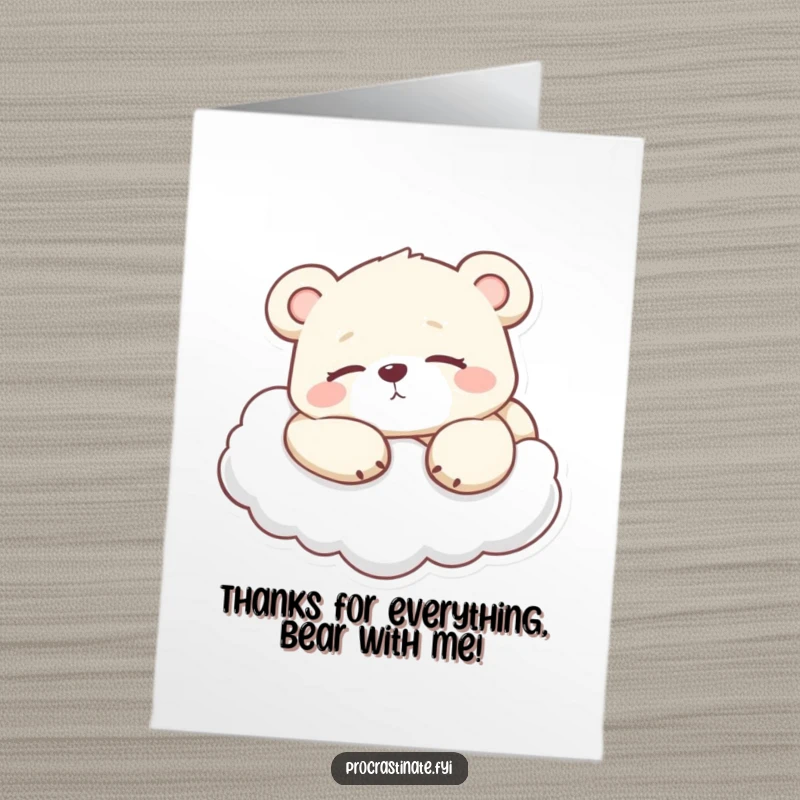 Funny Free Printable lazy bear cub stretched out on a cloud, eyes half-closed, a thank you.