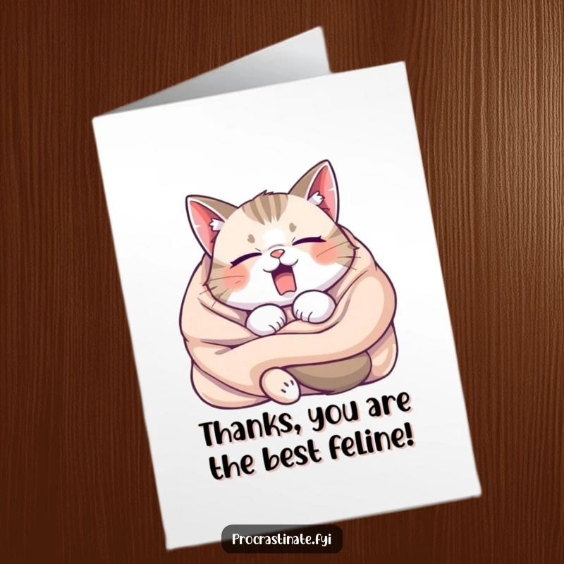 Funny Free Printable sleepy cat yawning while tangled in a blanket, a cozy thank you.