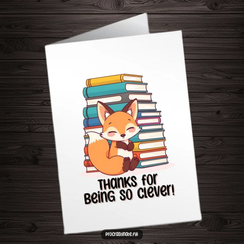Funny Free Printable Thank You Card: A relaxed fox enjoys a book pile, sending a warm thank you with literary flair and a smile.