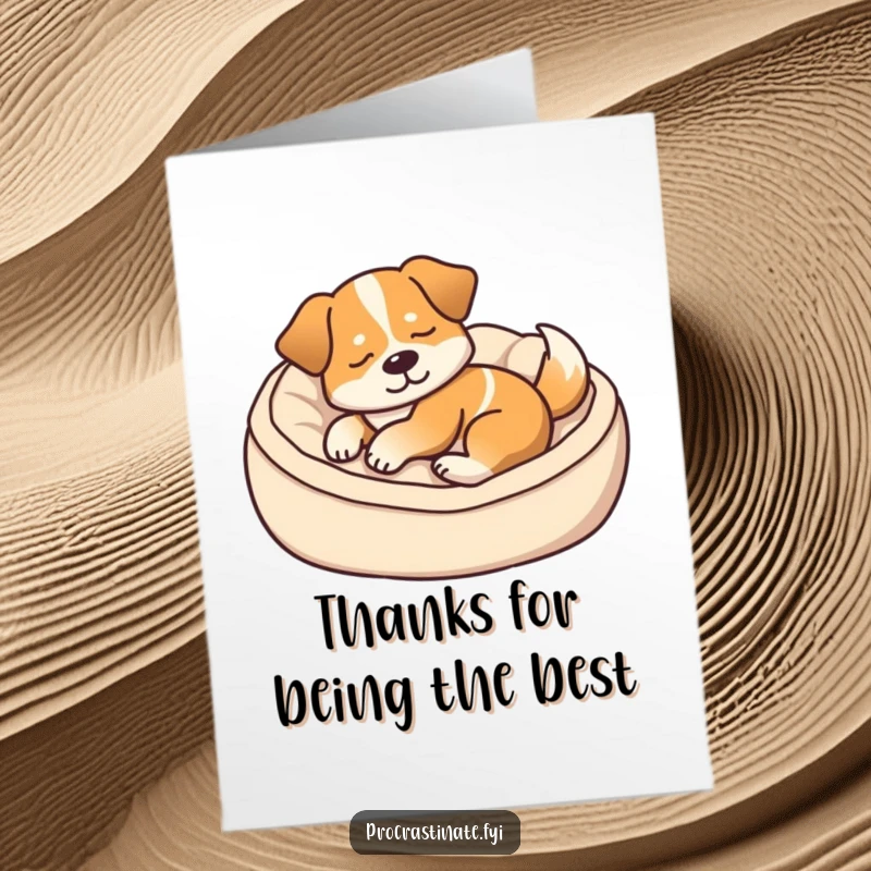Funny free printable thank you card featuring a content dog dozing in a cozy dog bed, tail thumping softly, perfect for saying thanks.