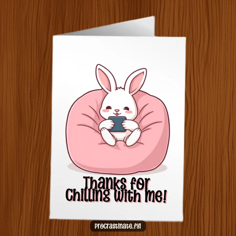 Funny Free Printable Thank You Card: Rabbit in beanbag, remote near, expressing thanks with peaceful humor