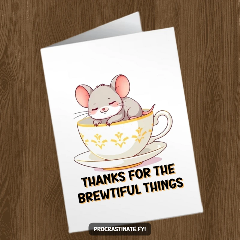 Funny Free Printable Mouse Thank You Card: Giggling mouse snoozes on oversized teacup saucer, expressing thanks cozily.