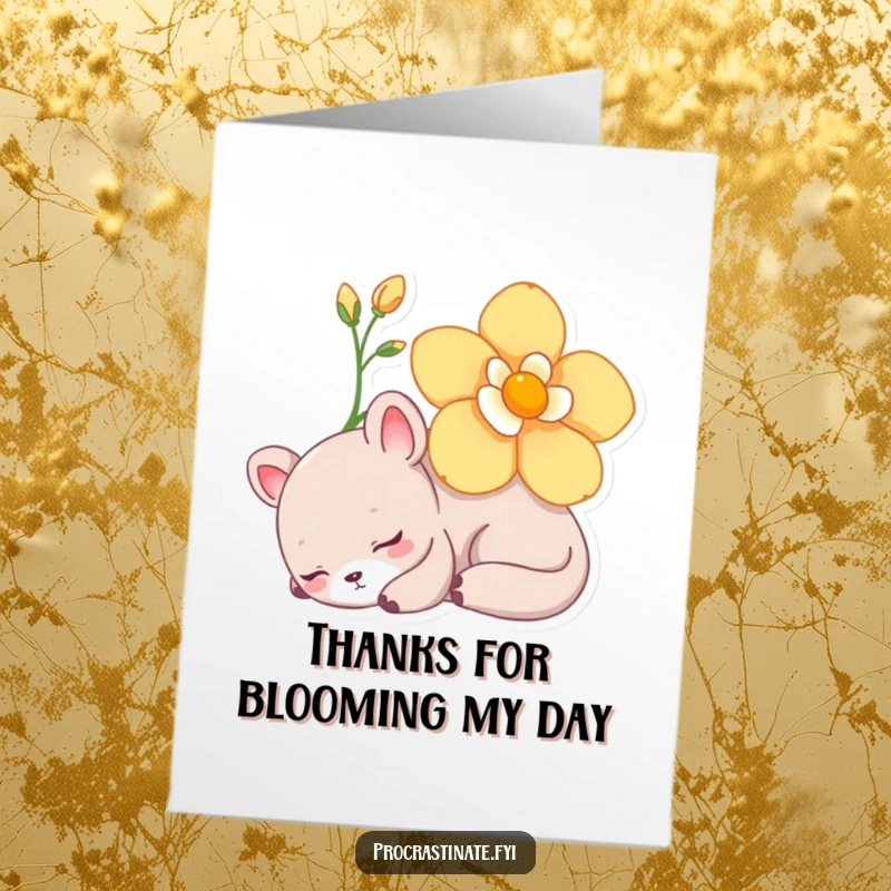 Funny Free Printable Thank You Card: Lazy animal napping under a blooming flower, sending cozy thanks.