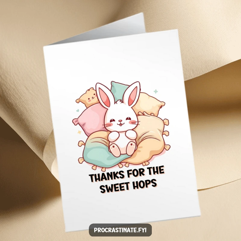 Funny Free Printable Thank You Card featuring a playful bunny character happily bouncing on a pile of blankets and pillows.
