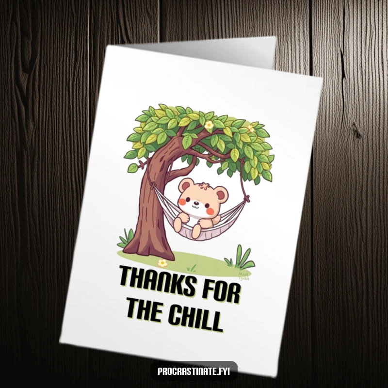 Funny Free Printable Thank You Card: A blissfully relaxed animal lounging in a hammock under a tree, expressing thanks.