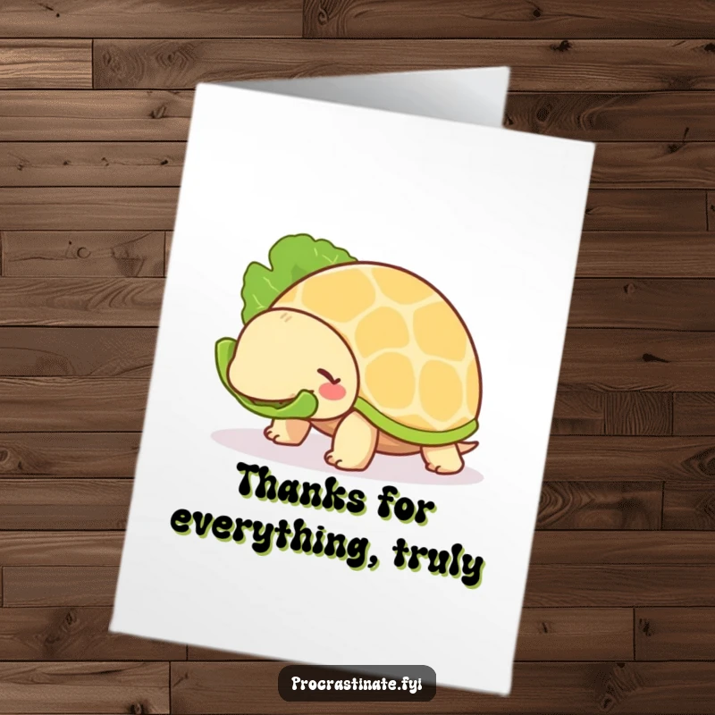 Funny Free Printable Thank You Card of a chill turtle unhurriedly munching lettuce, a laid-back way to say thanks.