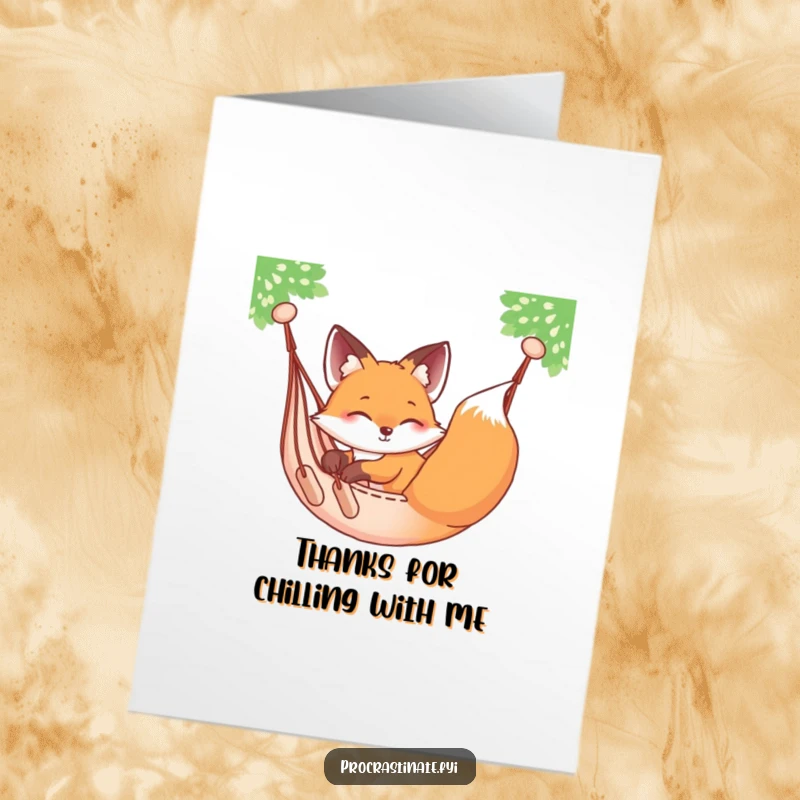 Funny Free Printable Thank You Card: A relaxed fox enjoying a sway in a hammock, a humorous way to show thanks.
