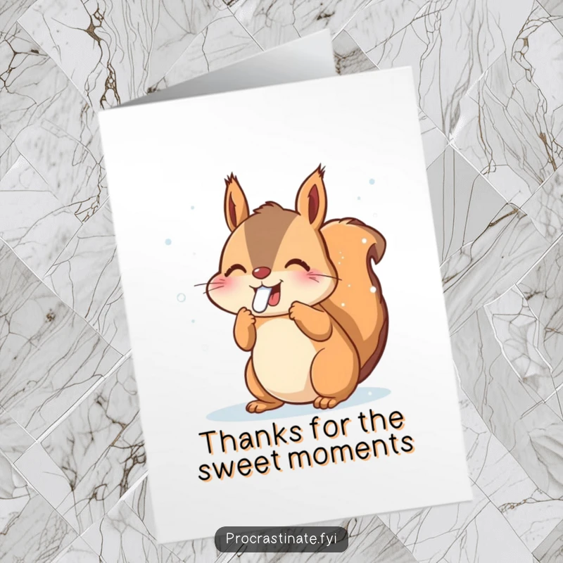 Funny free printable thank you card: Joyful squirrel catches snowflakes on its tongue, sending cute winter thanks.