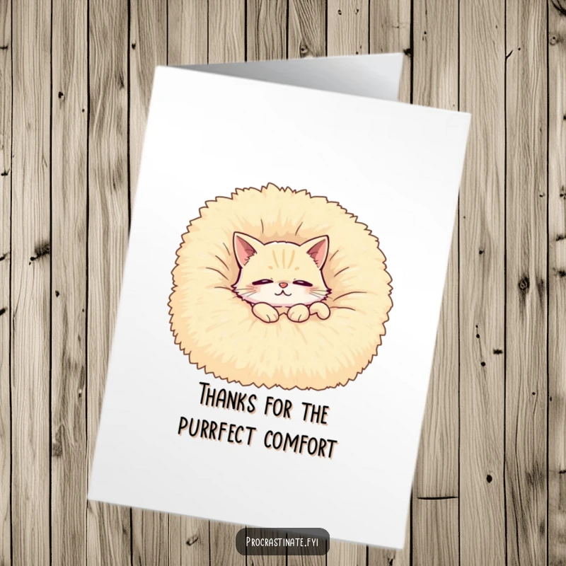 Funny Free Printable Thank You Card with a contented cat resting on a blanket, conveying thanks with sleepy charm.