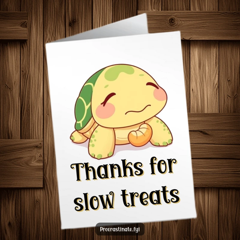 Funny Free Printable Turtle Thank You Card: Relaxed turtle slowly moves snack towards mouth, expressing thanks with patience.