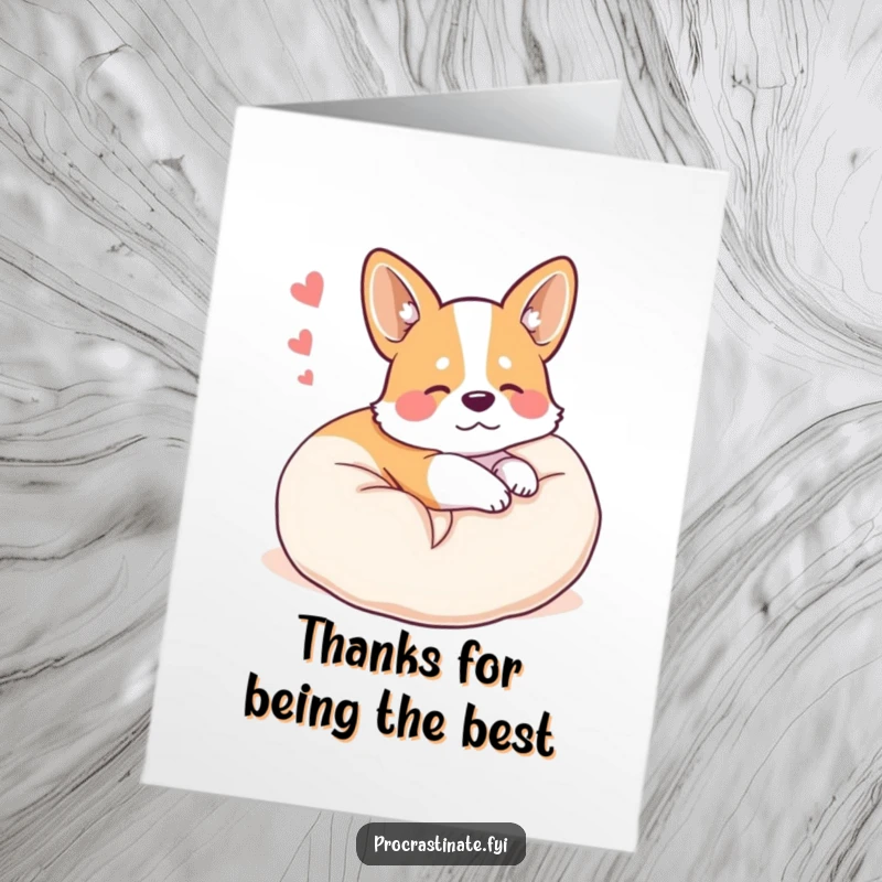 Funny Free Printable Thank You Card: A happy corgi curled on a pillow, dreaming, a sweet and humorous thank you.