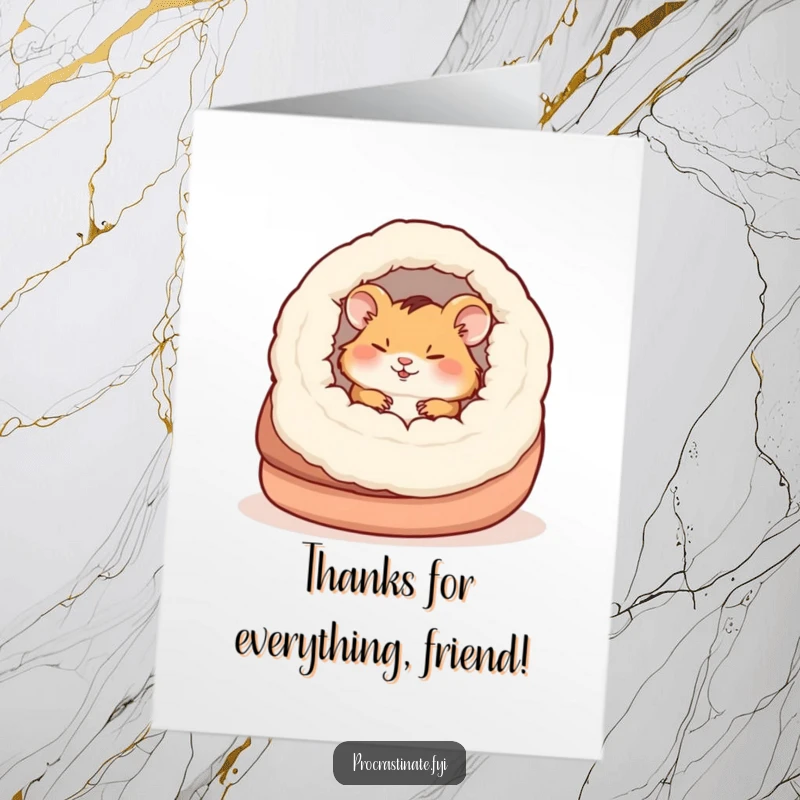 Funny free printable thank you card featuring a happy hamster napping in a giant slipper, perfect for a cozy thank you.