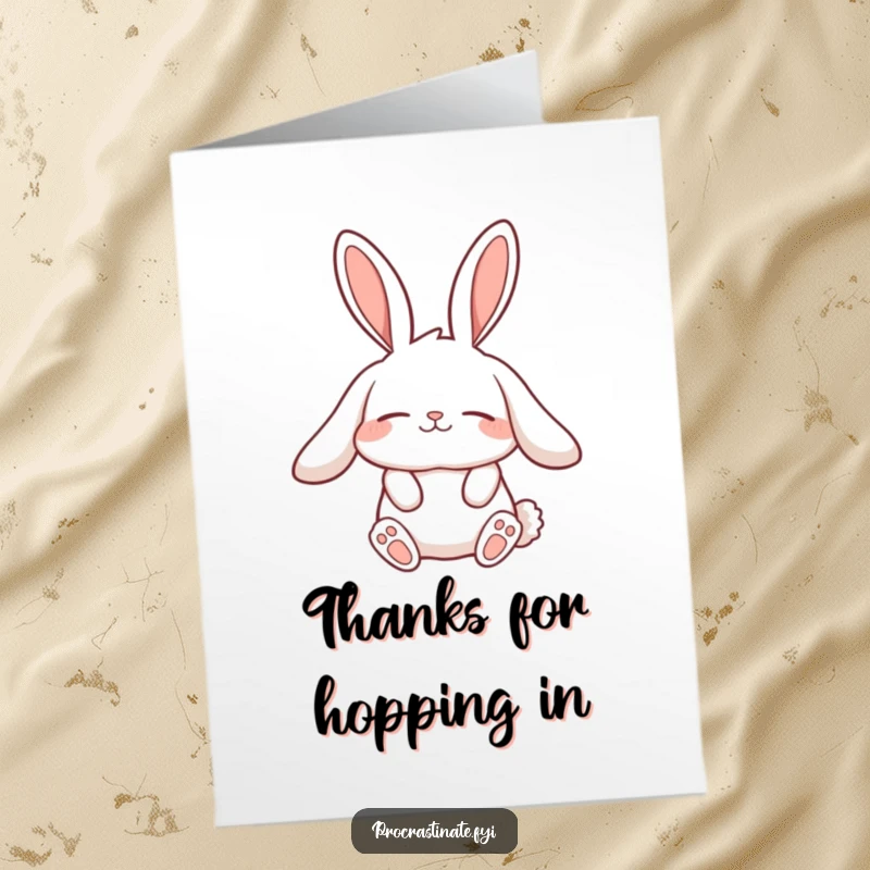 Funny Free Printable Thank You Card: A lazy rabbit character with incredibly long, relaxed ears is stretching slowly, humorously expressing thanks with laid-back charm.