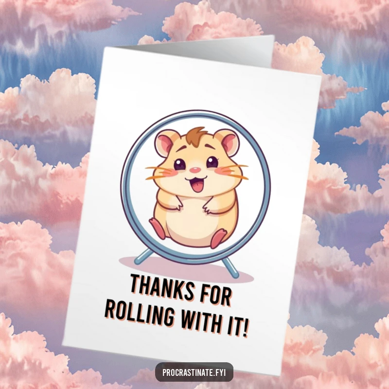 Funny Free Printable Thank You Card: Cheerful hamster spinning in its wheel, expressing thanks with humorous energy