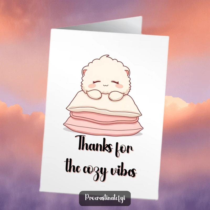 Funny Free Printable Thank You Card: A fluffy creature nestled on pillows, smiling softly to convey heartfelt thanks.