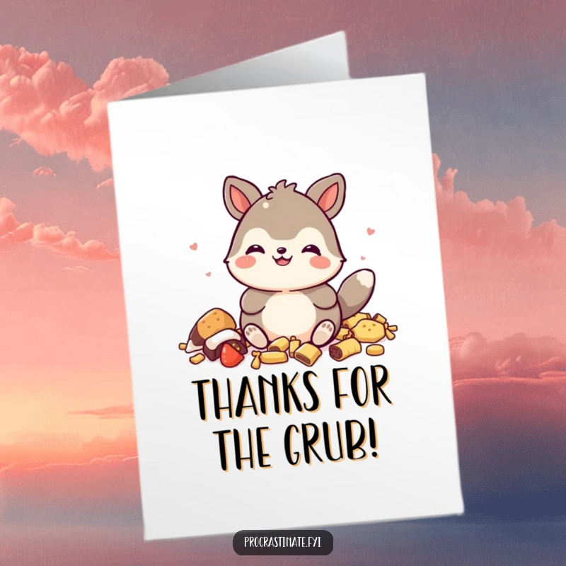 Funny Free Printable Thank You Card: A happy animal gleefully surrounded by empty snack bags, expressing thanks.