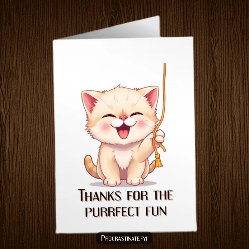 Funny Free Printable Thank You Card: A giggling kitten playfully batting a dangling yarn string, a fun thank you.