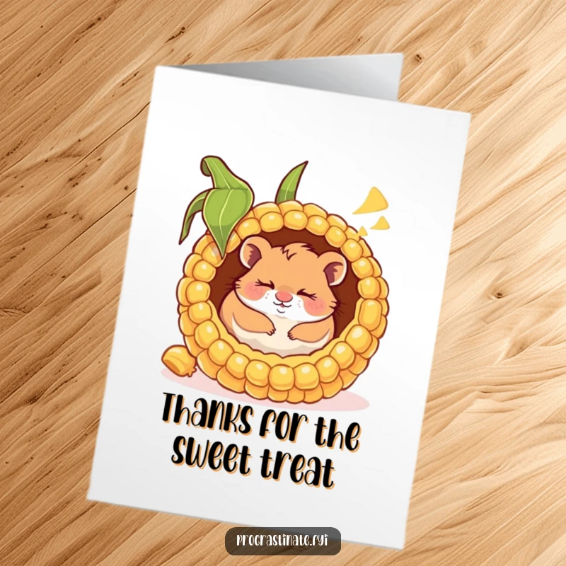 Funny free printable thank you card depicting a happy hamster smiling while napping in a giant corn cob, expressing thanks humorously.