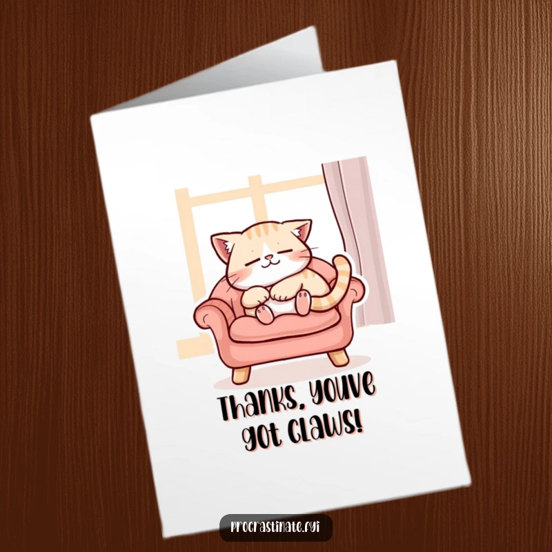Funny free printable thank you card: a peaceful cat purrs contently while enjoying a nap on a comfy chair.