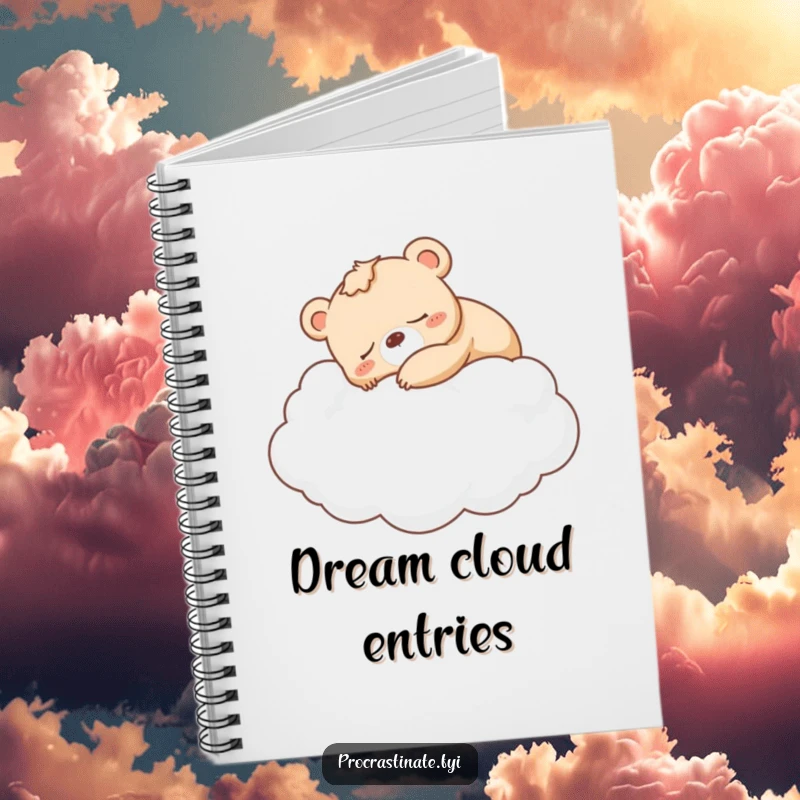Funny sleepy bear cub napping on a cloud, printed on the cover of a delightful notebook.