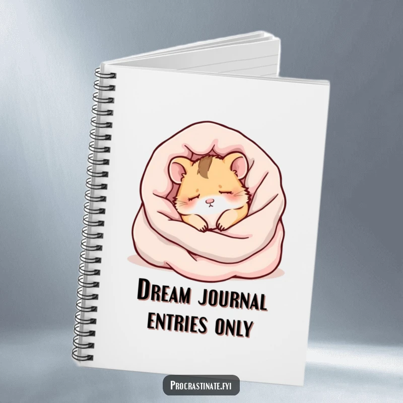 Funny kawaii hamster asleep in blankets, a cute and inspiring notebook cover for journaling.